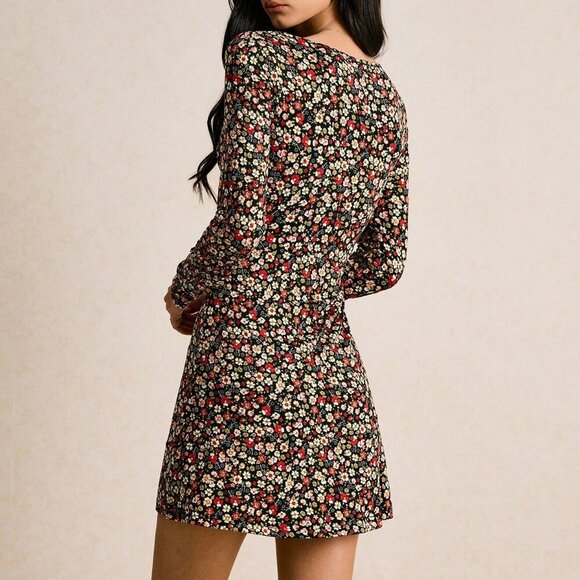 Multicolor Boho Women's Long Sleeve Tie Front V Neck Skater Floral Dress - Picture 2 of 7